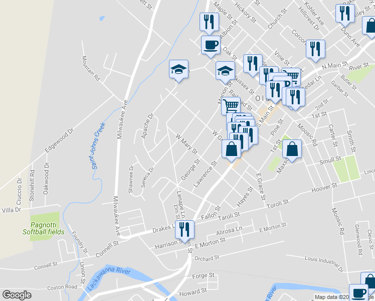 map of restaurants, bars, coffee shops, grocery stores, and more near 609 Edith Street in Old Forge