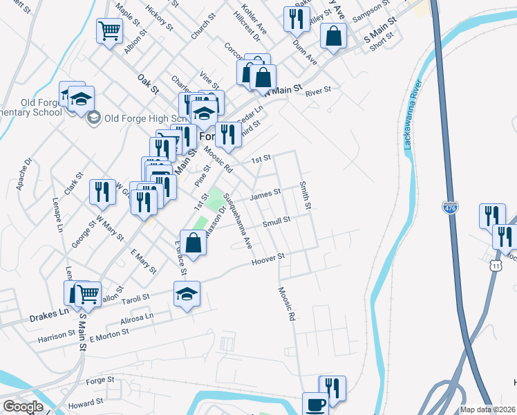 map of restaurants, bars, coffee shops, grocery stores, and more near 318 Moosic Road in Old Forge