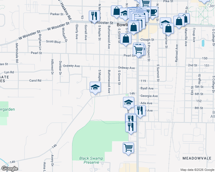 map of restaurants, bars, coffee shops, grocery stores, and more near 452 Buttonwood Avenue in Bowling Green