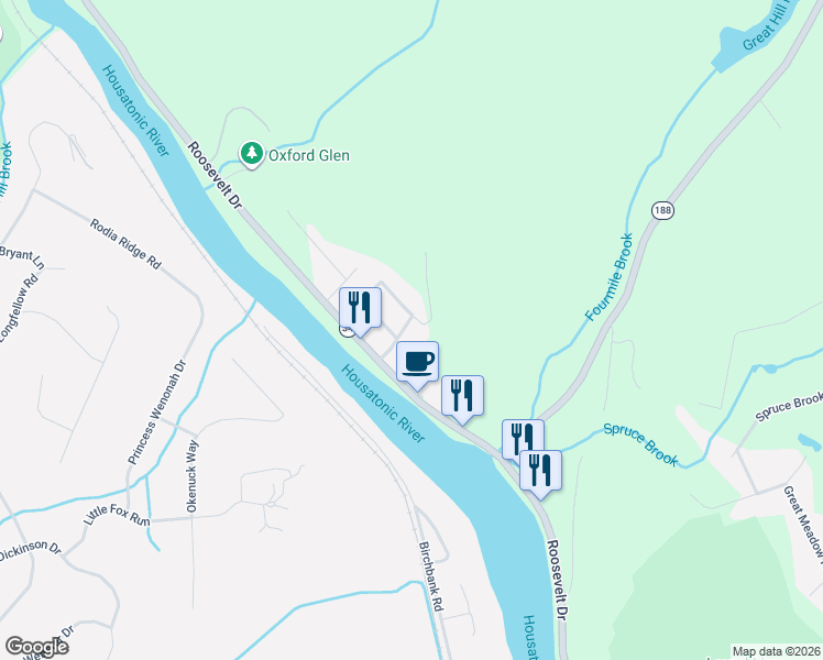 map of restaurants, bars, coffee shops, grocery stores, and more near 16 Housatonic Terrace in Seymour