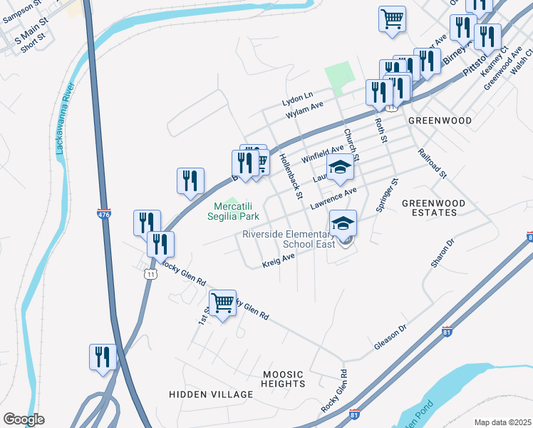 map of restaurants, bars, coffee shops, grocery stores, and more near 703 Marion Lane in Moosic
