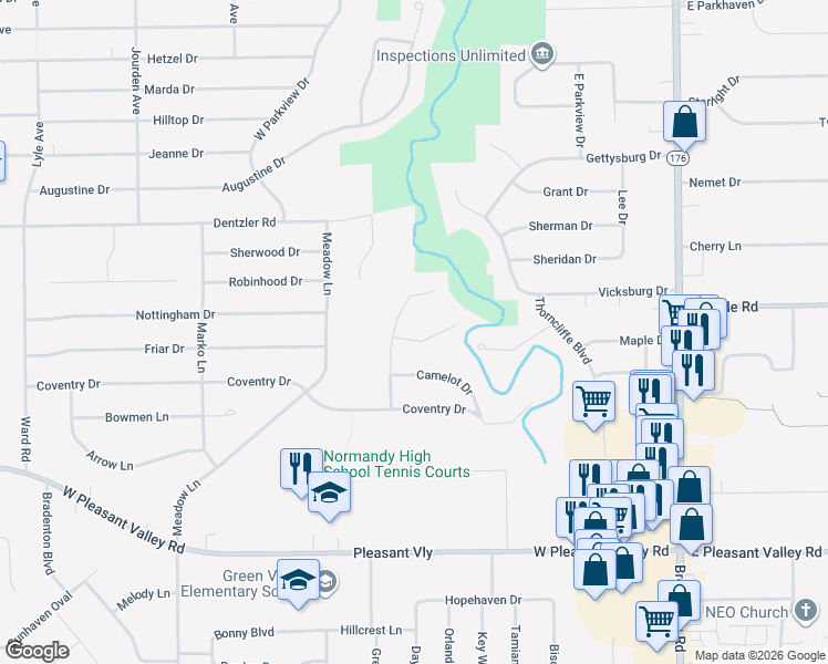 map of restaurants, bars, coffee shops, grocery stores, and more near 7245 Lancelot Drive in Parma