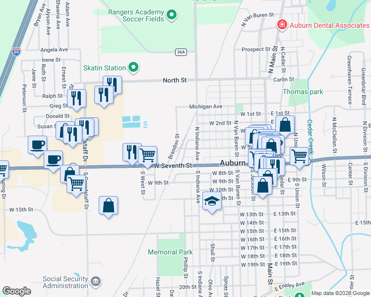 map of restaurants, bars, coffee shops, grocery stores, and more near 201 Depot Street in Auburn