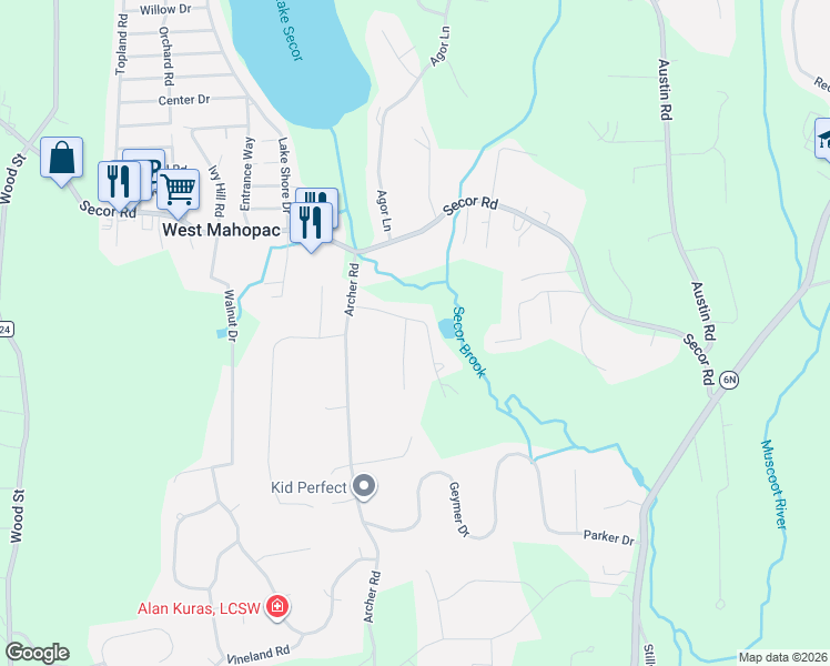map of restaurants, bars, coffee shops, grocery stores, and more near 34 Brookdale Road in Mahopac