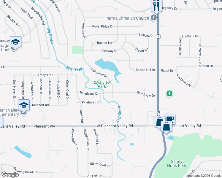 map of restaurants, bars, coffee shops, grocery stores, and more near 7289 Lakeview Drive in Parma