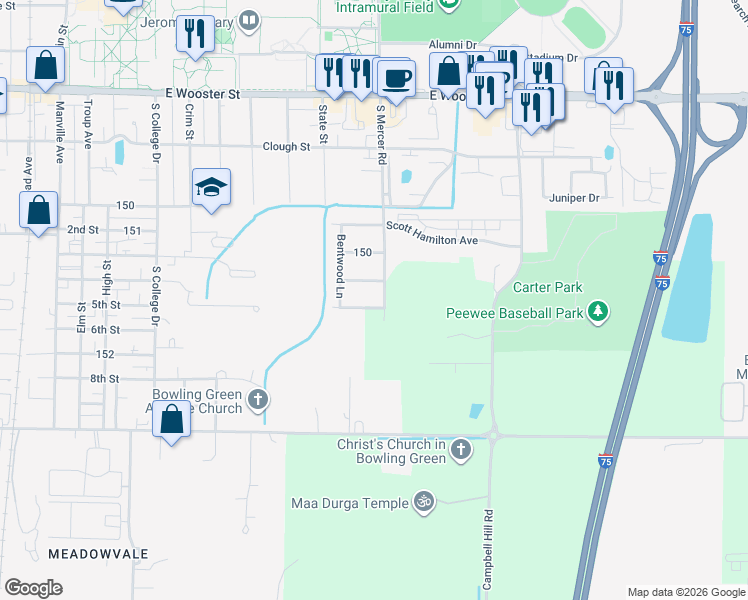 map of restaurants, bars, coffee shops, grocery stores, and more near 1480 Brookwood Drive in Bowling Green