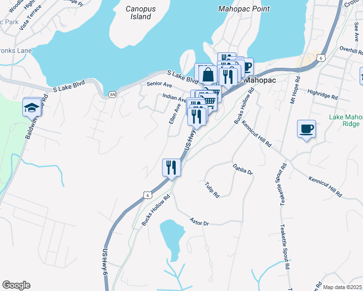 map of restaurants, bars, coffee shops, grocery stores, and more near 530 U.S. 6 in Mahopac