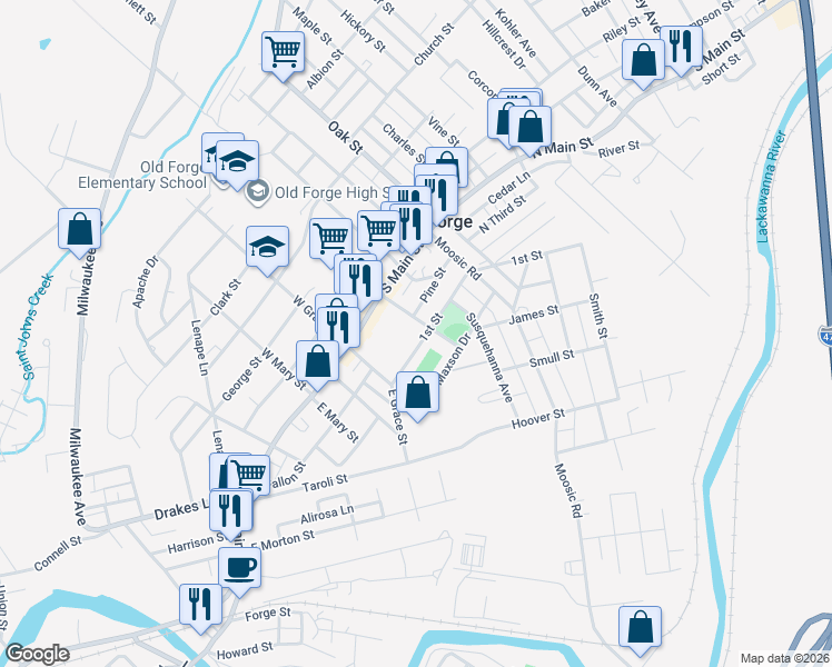 map of restaurants, bars, coffee shops, grocery stores, and more near 237 1st Street in Old Forge