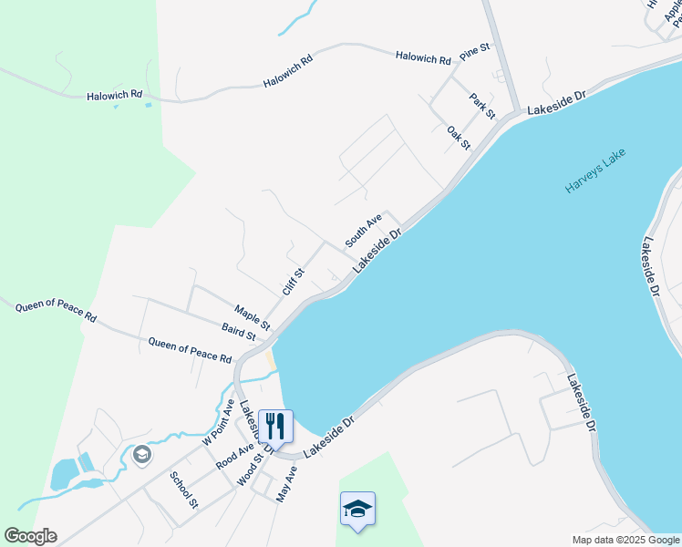 map of restaurants, bars, coffee shops, grocery stores, and more near Perrigo Street in Harveys Lake