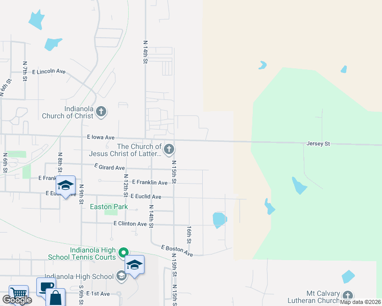 map of restaurants, bars, coffee shops, grocery stores, and more near 1715 East Iowa Avenue in Indianola