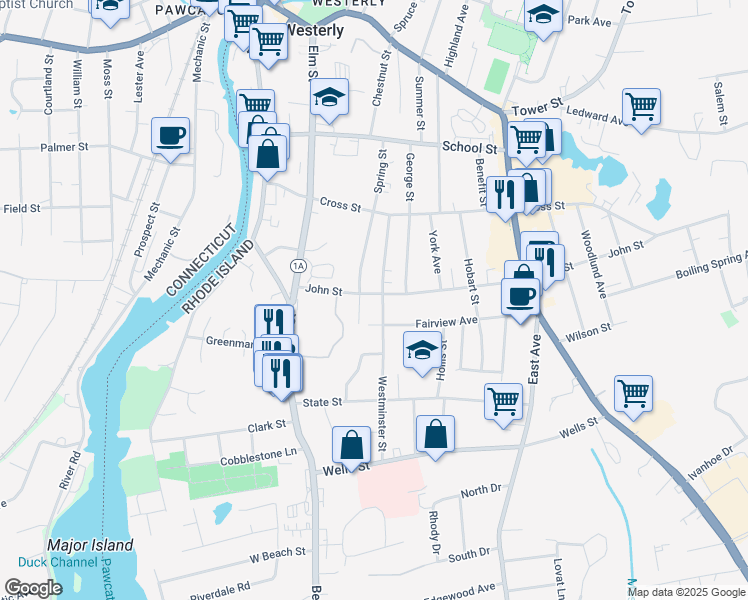 map of restaurants, bars, coffee shops, grocery stores, and more near 27 Westminster Street in Westerly