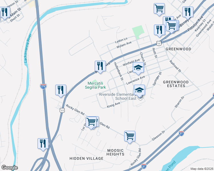 map of restaurants, bars, coffee shops, grocery stores, and more near 703 Marion Lane in Moosic