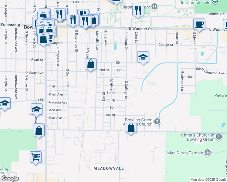 map of restaurants, bars, coffee shops, grocery stores, and more near 712d 4th Street in Bowling Green