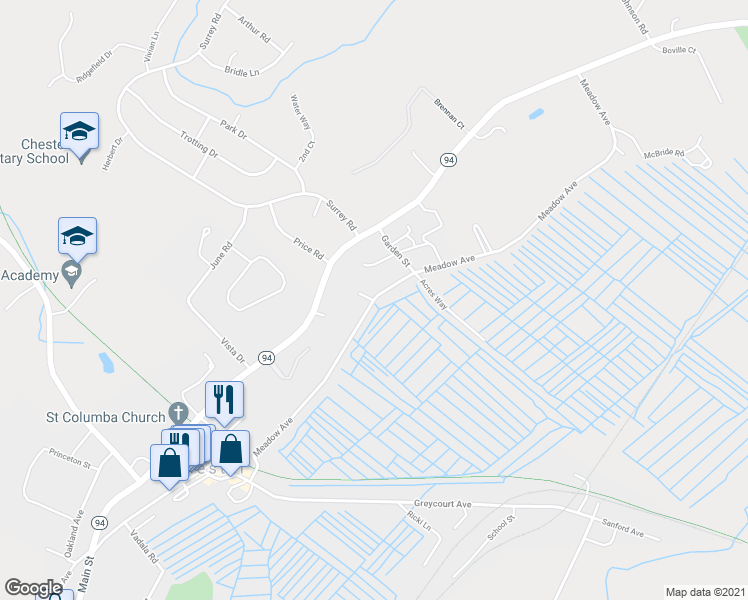 map of restaurants, bars, coffee shops, grocery stores, and more near 45 Meadow Avenue in Chester