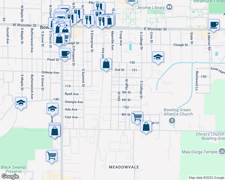 map of restaurants, bars, coffee shops, grocery stores, and more near 525 Manville Avenue in Bowling Green