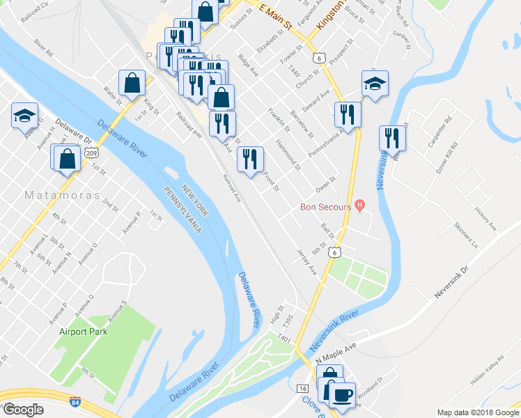 map of restaurants, bars, coffee shops, grocery stores, and more near 143 Jersey Avenue in Port Jervis