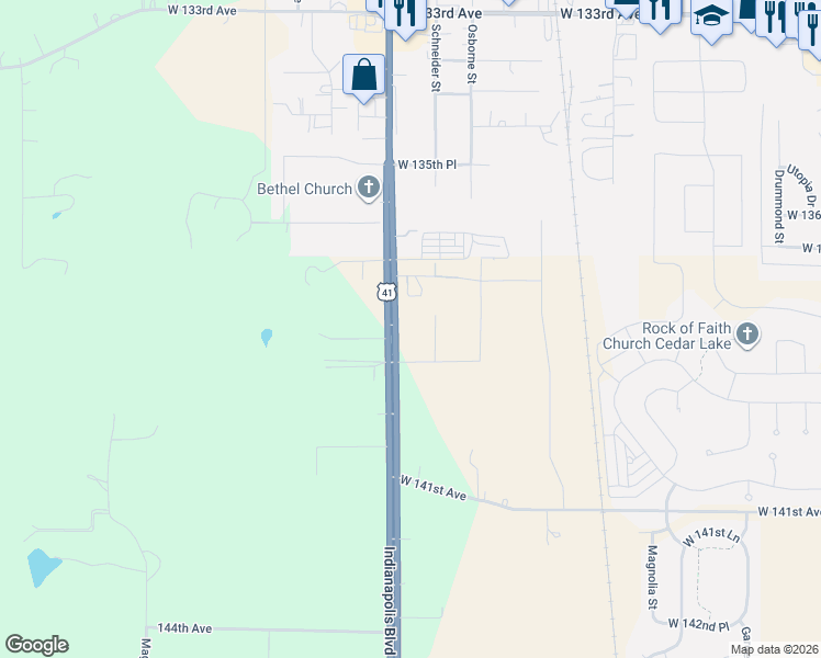 map of restaurants, bars, coffee shops, grocery stores, and more near 13733 Wicker Avenue in Cedar Lake