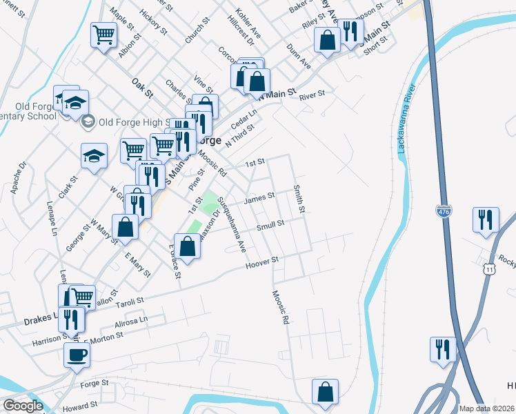 map of restaurants, bars, coffee shops, grocery stores, and more near 138 James Street in Old Forge