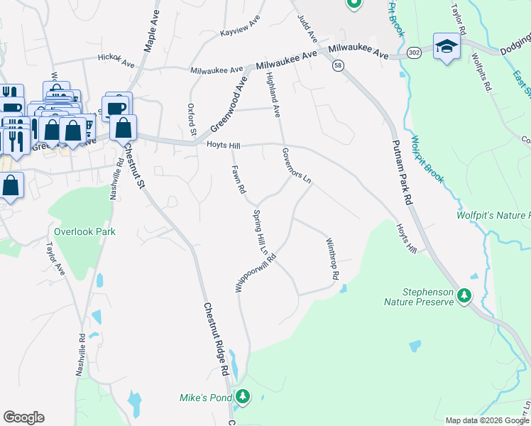 map of restaurants, bars, coffee shops, grocery stores, and more near 11 Spring Hill Lane in Bethel