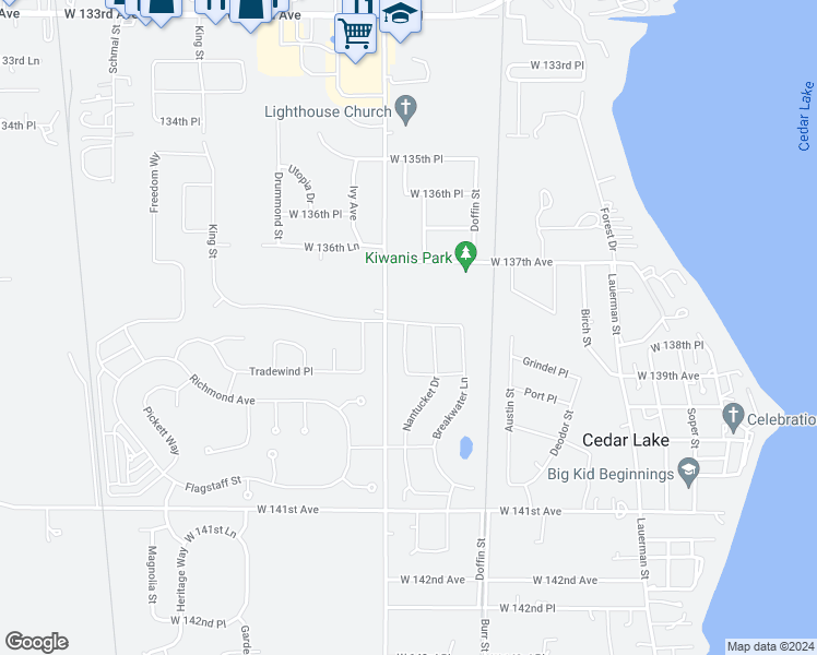 map of restaurants, bars, coffee shops, grocery stores, and more near Beacon Pointe Lane in Cedar Lake