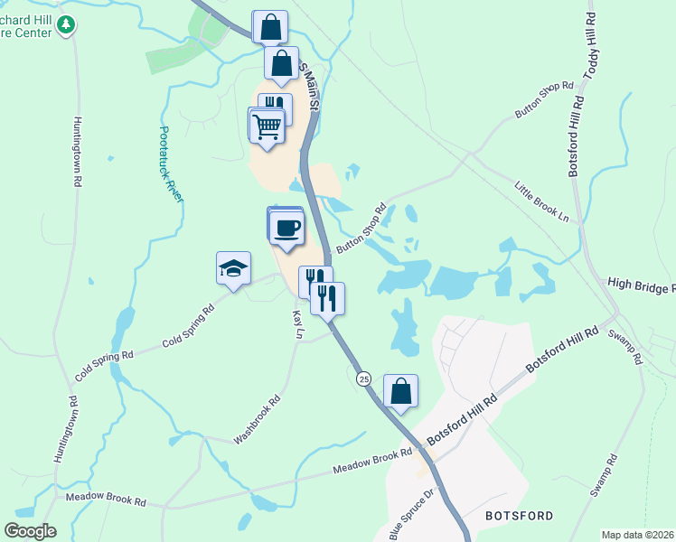 map of restaurants, bars, coffee shops, grocery stores, and more near 275 South Main Street in Newtown