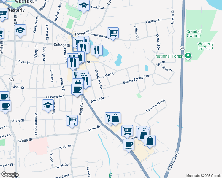 map of restaurants, bars, coffee shops, grocery stores, and more near 10 Raymond Street in Westerly
