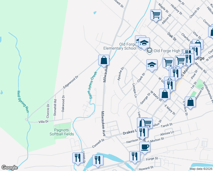 map of restaurants, bars, coffee shops, grocery stores, and more near 560 Milwaukee Avenue in Old Forge