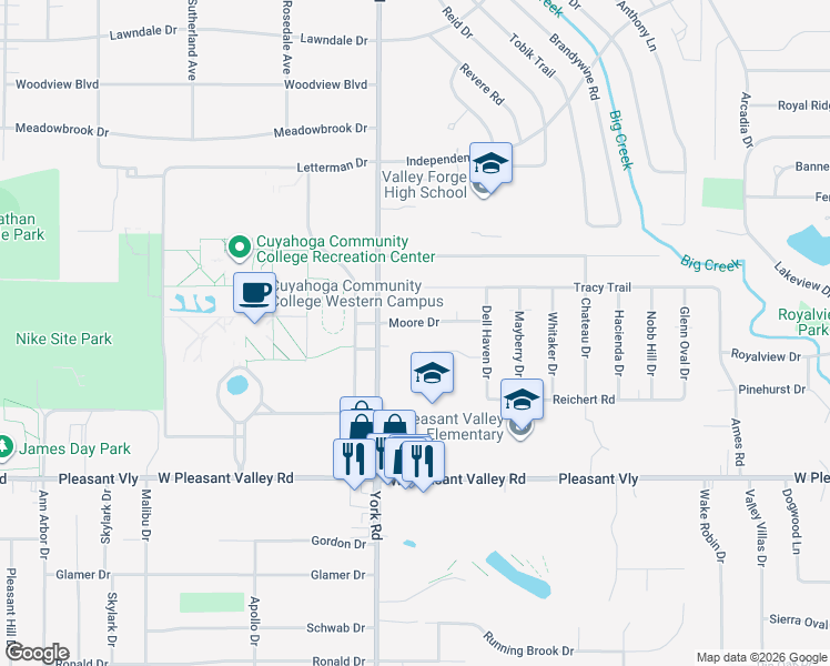 map of restaurants, bars, coffee shops, grocery stores, and more near 10470 Moore Drive in Parma