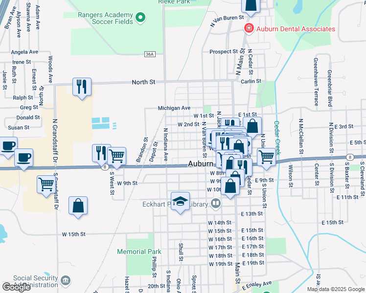 map of restaurants, bars, coffee shops, grocery stores, and more near 334-338 West 4th Street in Auburn