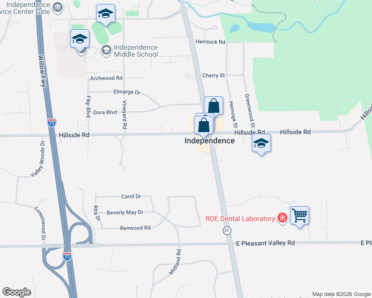 map of restaurants, bars, coffee shops, grocery stores, and more near 6816 Hillside Road in Independence