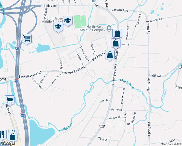 map of restaurants, bars, coffee shops, grocery stores, and more near 67 Sackett Point Road in North Haven