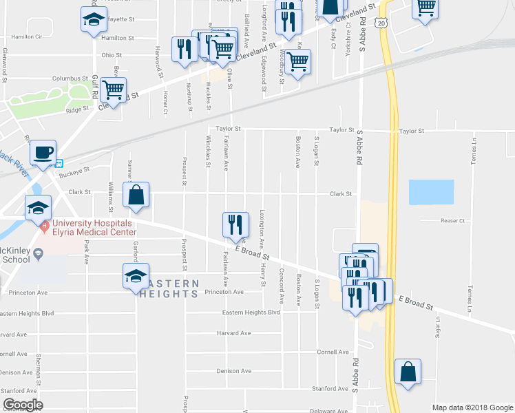 map of restaurants, bars, coffee shops, grocery stores, and more near 215 Lexington Avenue in Elyria