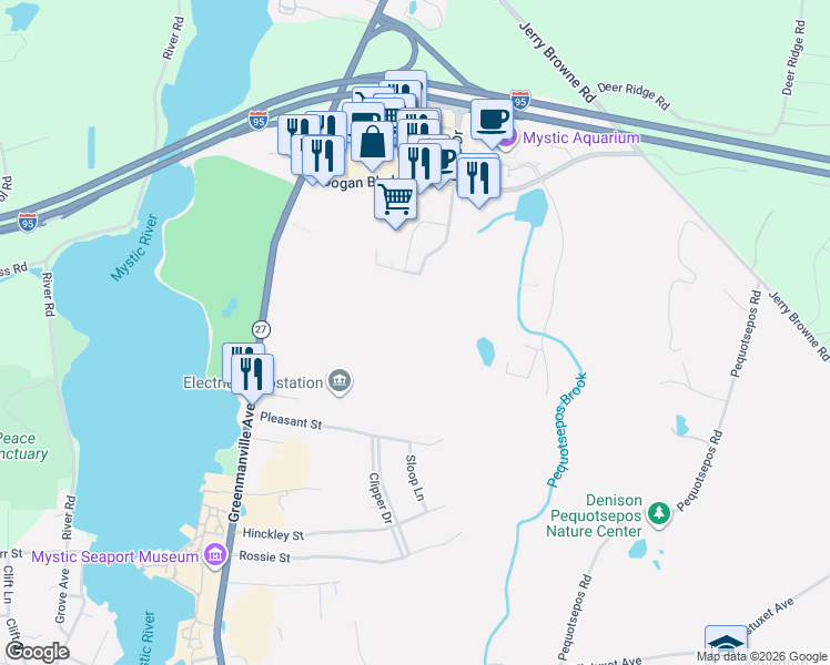 map of restaurants, bars, coffee shops, grocery stores, and more near 11 Schooner Drive in Stonington