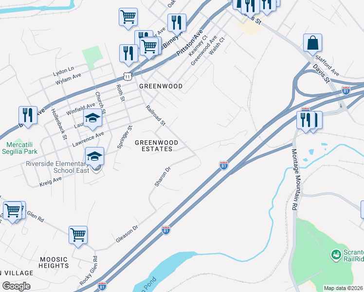 map of restaurants, bars, coffee shops, grocery stores, and more near 62-106 Railroad St in Moosic