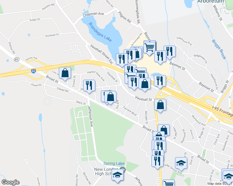 map of restaurants, bars, coffee shops, grocery stores, and more near 105 3rd Avenue in New London