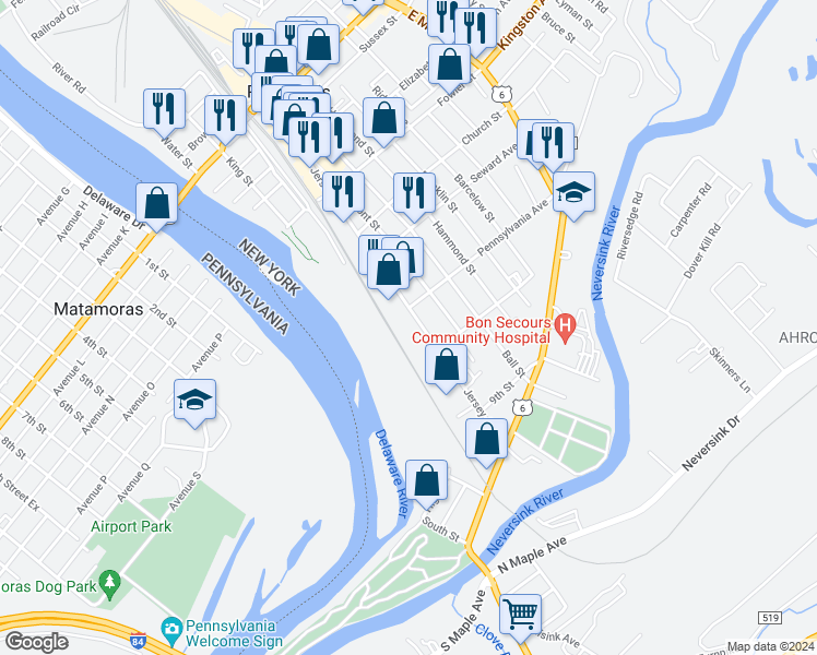map of restaurants, bars, coffee shops, grocery stores, and more near 141 Jersey Avenue in Port Jervis