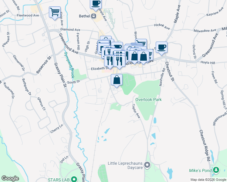 map of restaurants, bars, coffee shops, grocery stores, and more near 18 Taylor Avenue in Bethel