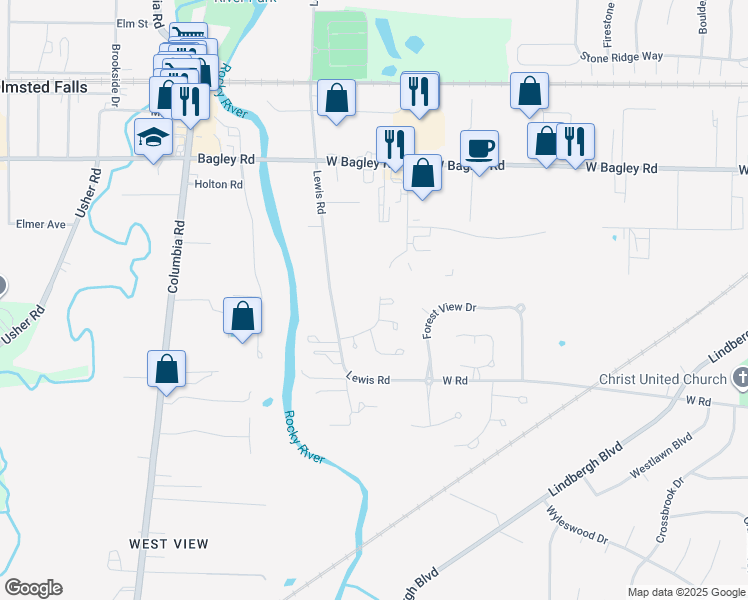 map of restaurants, bars, coffee shops, grocery stores, and more near 24704 Grove Pond Way in Olmsted Falls