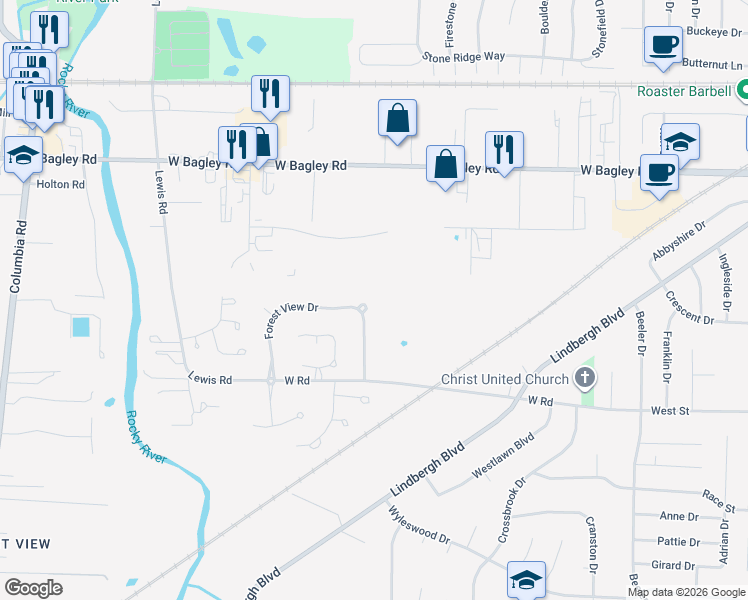 map of restaurants, bars, coffee shops, grocery stores, and more near 8478 Forest View Drive in Olmsted Falls