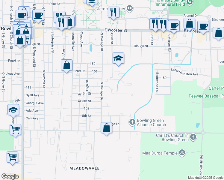 map of restaurants, bars, coffee shops, grocery stores, and more near 1005 Chauncey Lane in Bowling Green