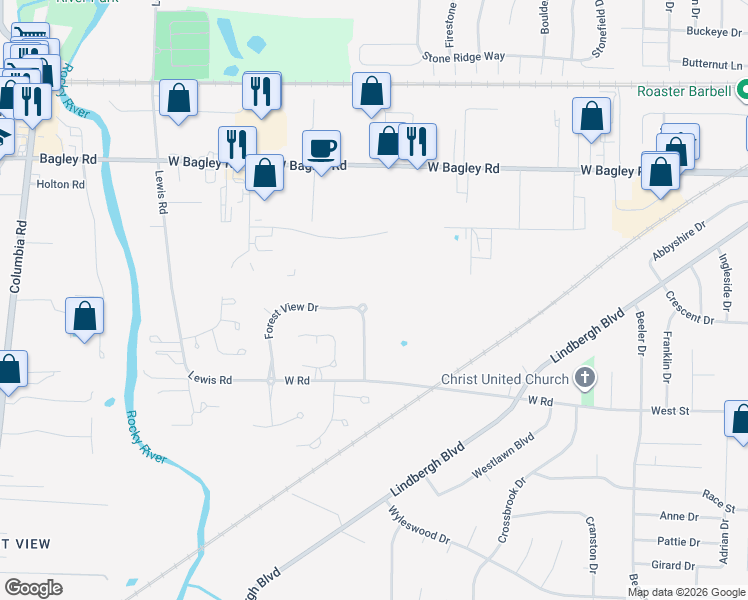 map of restaurants, bars, coffee shops, grocery stores, and more near 8478 Forest View Drive in Olmsted Falls