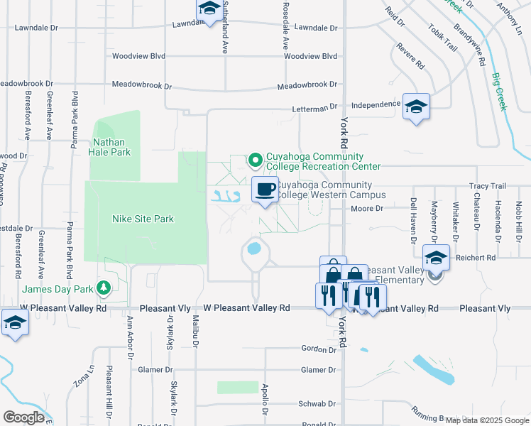 map of restaurants, bars, coffee shops, grocery stores, and more near 11000 West Pleasant Valley Road in Cleveland