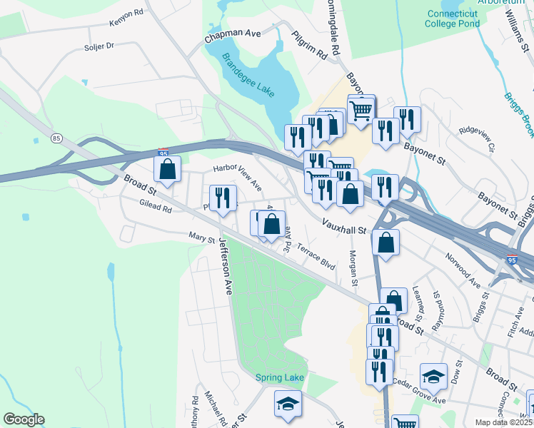 map of restaurants, bars, coffee shops, grocery stores, and more near 26 4th Avenue in New London