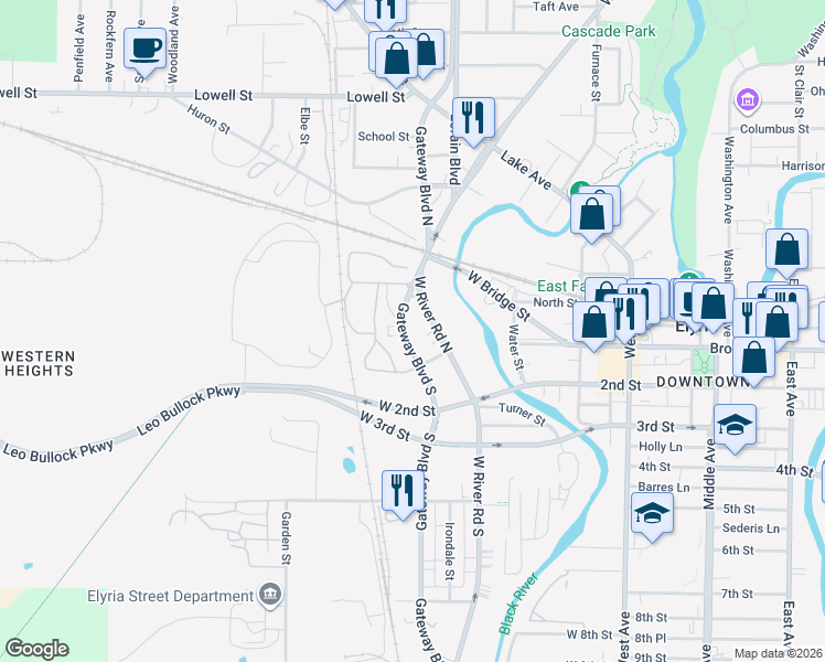 map of restaurants, bars, coffee shops, grocery stores, and more near 6102 Gateway Boulevard North in Elyria