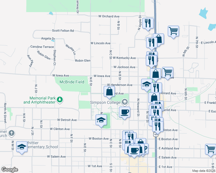 map of restaurants, bars, coffee shops, grocery stores, and more near 901 North C Street in Indianola