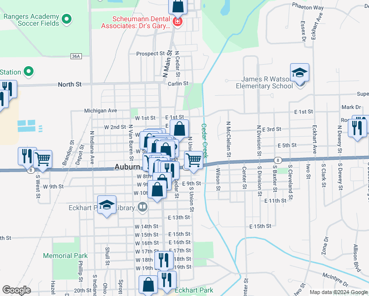 map of restaurants, bars, coffee shops, grocery stores, and more near 214 East 5th Street in Auburn