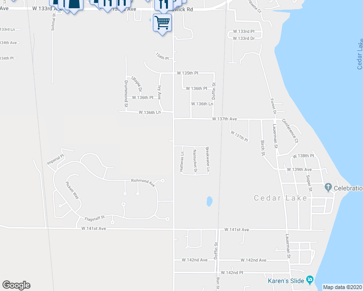 map of restaurants, bars, coffee shops, grocery stores, and more near Beacon Pointe Lane in Cedar Lake