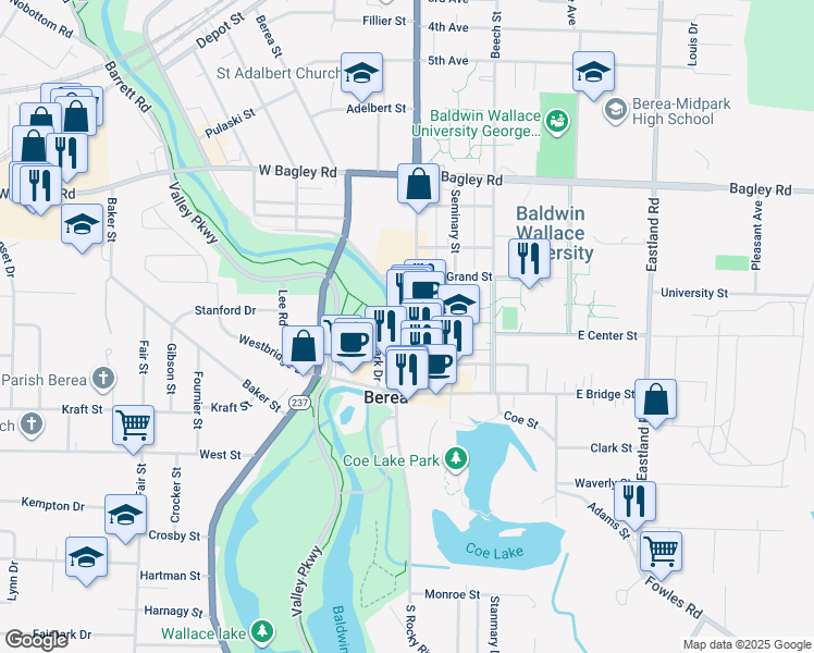 map of restaurants, bars, coffee shops, grocery stores, and more near 111 Front Street in Berea
