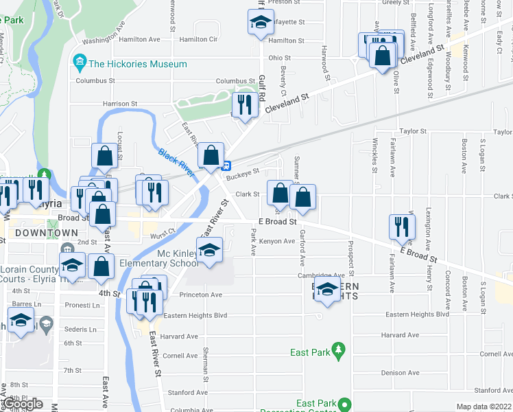 map of restaurants, bars, coffee shops, grocery stores, and more near 84 Laundon Street in Elyria