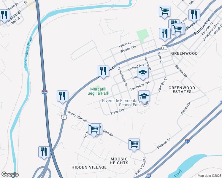 map of restaurants, bars, coffee shops, grocery stores, and more near 703 Marion Lane in Moosic